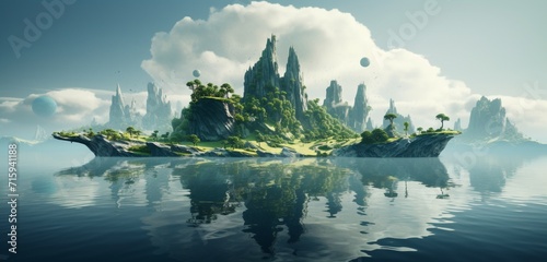 Surreal floating islands in a serene lake, each one hyper-realistically portraying a microcosm of life, suspended in an alien atmosphere. Serenity. © Riffat