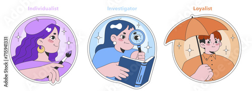 Enneagram type series. Individualist, Investigator, Loyalist characters expressing creativity, curiosity, and trust. Self-awareness and personality assessment theme. Flat vector illustration