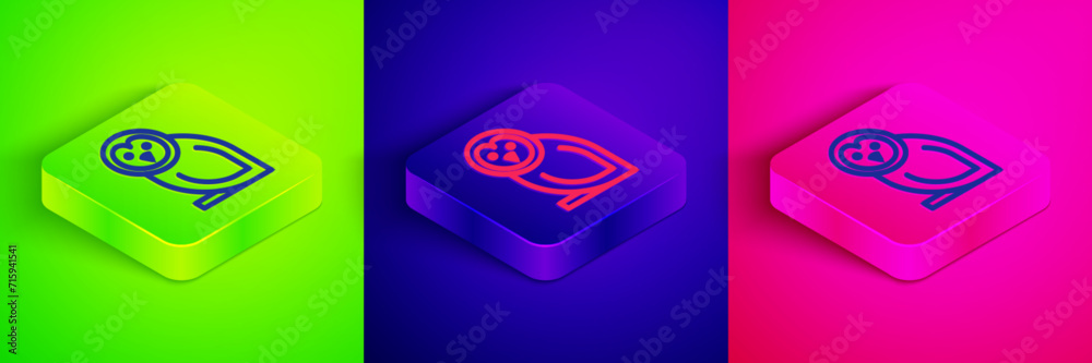 Isometric line Owl bird icon isolated on green, blue and pink background. Animal symbol. Square button. Vector Isometric line Owl bird icon isolated on green, blue and pink background. Animal symbol. Square button. Vector