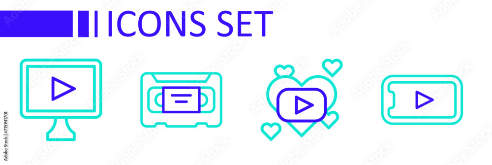 Set line Online play video, Romantic movie, VHS cassette tape and icon. Vector