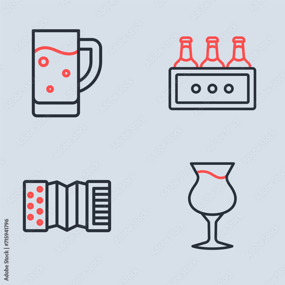 Set line Pack of beer bottles, Accordion, Glass and icon. Vector Set line Pack of beer bottles, Accordion, Glass and icon. Vector