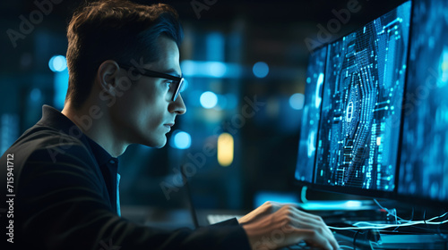 Cyber security concept. Side view of serious young man in eyeglasses working on computer at night