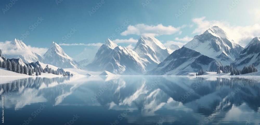 Surreal inverted mountain range surrounding an impeccably detailed lake, reflecting the hyper-realistic peaks and valleys in its pristine, mirror-like surface. Reflection.