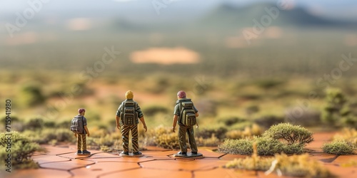Selective focus. Miniature people : small traveler figures with backpack standing on South Africa Map / Geography of South Africa, exploring on earth background concept photo