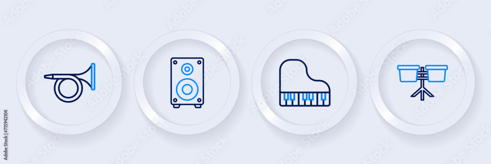Set line Bongo drum, Grand piano, Stereo speaker and Trumpet icon. Vector Set line Bongo drum, Grand piano, Stereo speaker and Trumpet icon. Vector