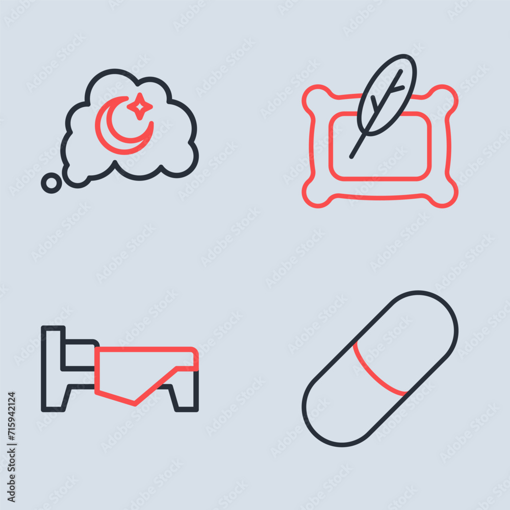 Set line Pillow, Bed, Sleeping pill and Dreams icon. Vector