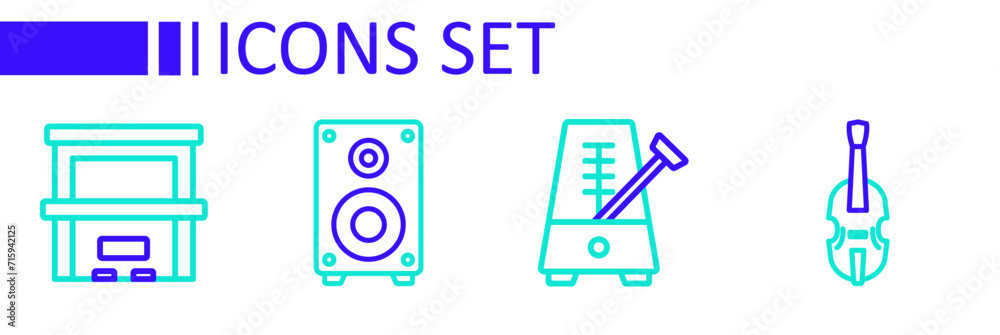 Set line Violin, Metronome with pendulum, Stereo speaker and Piano icon. Vector Set line Violin, Metronome with pendulum, Stereo speaker and Piano icon. Vector