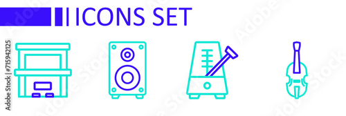 Set line Violin, Metronome with pendulum, Stereo speaker and Piano icon. Vector