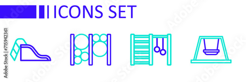 Set line Ferris wheel, Swedish wall, Playground climbing equipment and Slide playground icon. Vector