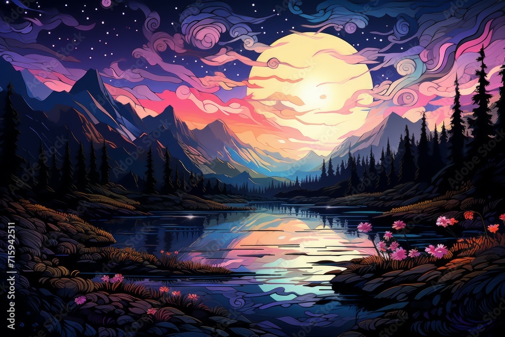Fototapeta premium Serene twilight lakes - Generative AI