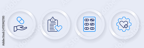 Set line Heart with cross, Pills in blister pack, Patient record and Medical prescription icon. Vector