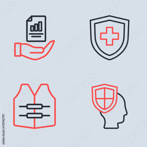Set line Life insurance with shield, jacket, and Contract hand icon. Vector