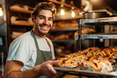 Smiling baker with a tray of fresh bread