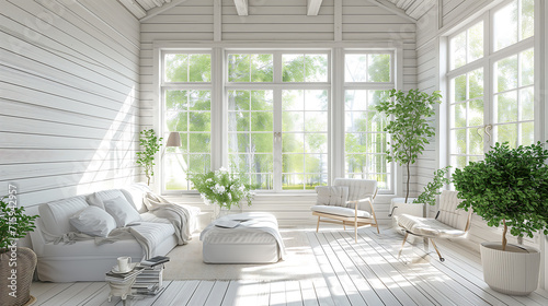 Bright interior, room in white wooden house with large window, Scandinavian style.Bright living room with large Windows