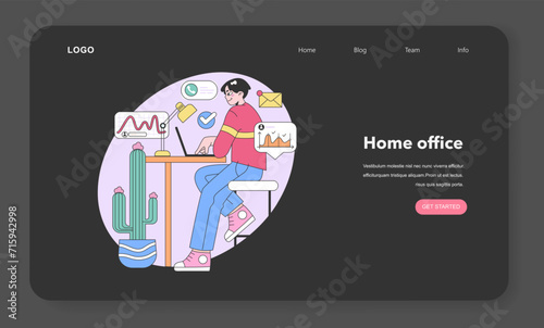 Digital workspace concept. Man analyzes data on computer, surrounded by task reminders and charts. Modern home office setting with cactus decor. Efficient work routine. Flat vector illustration