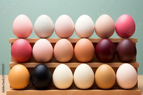 Elegant Spectrum of Dyed Eggs Displayed on Wooden Shelves