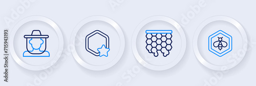 Set line Bee and honeycomb, Honeycomb, and Beekeeper with protect hat icon. Vector