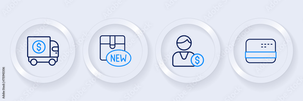 Set line Credit card, Buyer, New collection and Armored truck icon. Vector