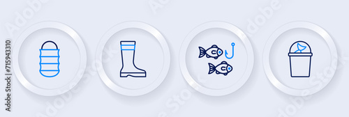 Set line Fisherman hat, Fishing hook with fish, boots and net icon. Vector