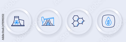 Set line Oil drop with dollar symbol, Molecule oil, pump or pump jack and Nuclear power plant icon. Vector