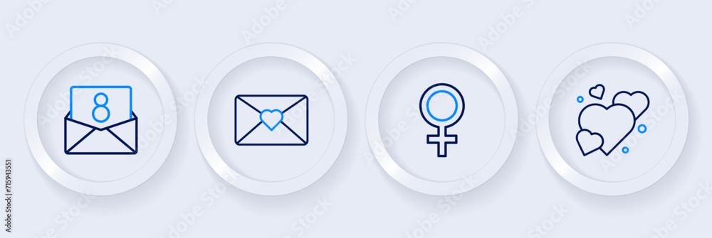 Set line Heart, Female gender symbol, Envelope with 8 March and icon. Vector Set line Heart, Female gender symbol, Envelope with 8 March and icon. Vector