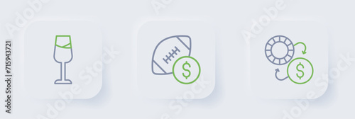 Set line Casino chips exchange, American football betting money and Wine glass icon. Vector