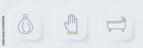 Set line Bathtub, Rubber gloves and Garbage bag icon. Vector