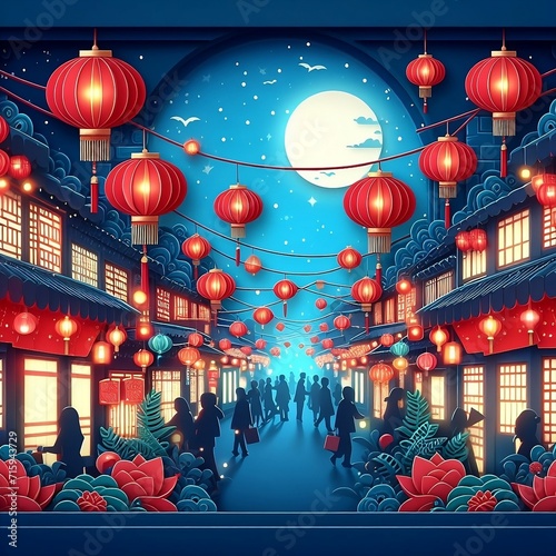 chinese new year lanterns, Red Lantern Glowing on a Bustling Night Market Street Vector Design Illustration for Background design with space for copy Chinese new year festival generative ai 