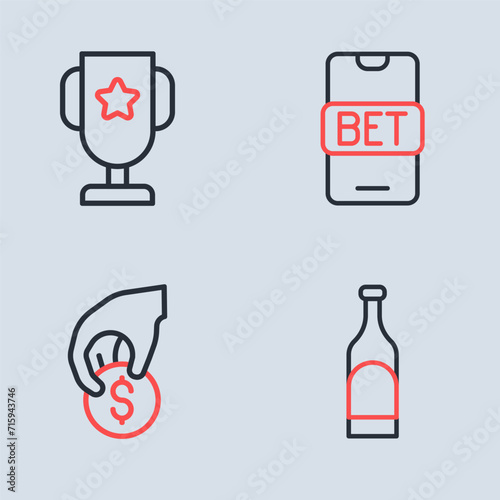 Set line Online sports betting, Hand holding casino chips, Bottle of wine and Casino poker trophy cup icon. Vector