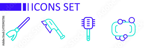 Set line Bar of soap, Toilet brush, Brush for cleaning and Handle broom icon. Vector