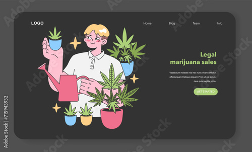 Urban gardening concept. Cheerful man nurtures cannabis plants with a watering can. Home cultivation and hobby. Flat vector illustration.