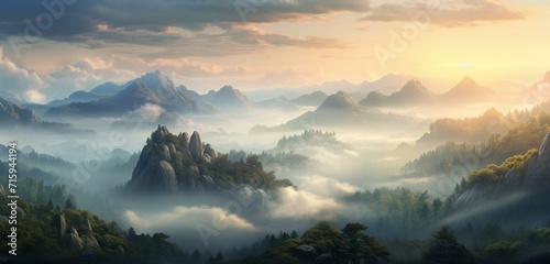Mesmerizing secluded mountain plateau shrouded in a veil of morning mist. photo