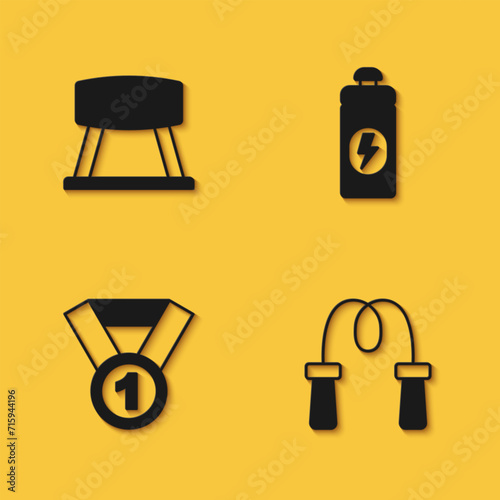 Set Pommel horse, Jump rope, Medal and Fitness shaker icon with long shadow. Vector