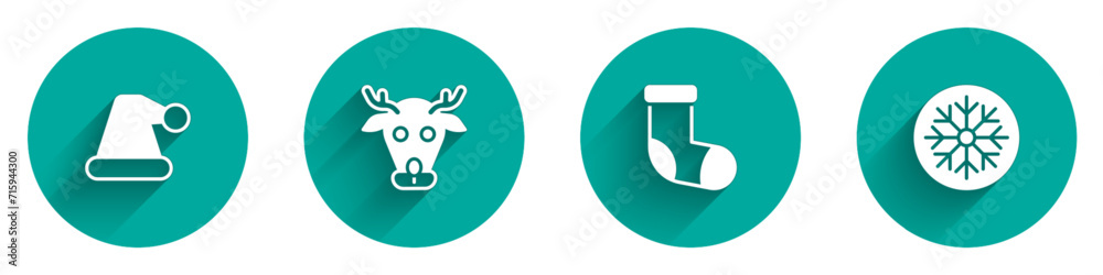 Set Christmas Santa Claus hat, Reindeer, stocking and Snowflake icon with long shadow. Vector Set Christmas Santa Claus hat, Reindeer, stocking and Snowflake icon with long shadow. Vector