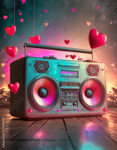 Valentine's Day Retro boombox trendy style. Colorful illustration