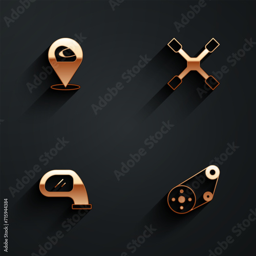 Set Racing helmet, Wheel wrench, Car mirror and Timing belt kit icon with long shadow. Vector
