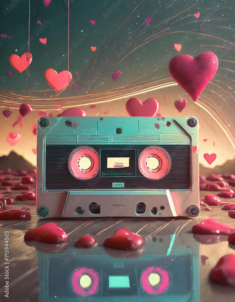 Abstract Valentine's Day card with retro 80s styled landscape and cassette flying through glowing neon hearts in retrowave or synthwave futuristic style