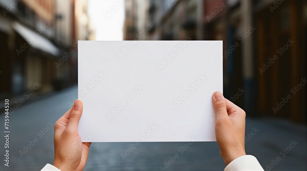 Person holding blank paper, urban city in background Person holding blank paper, urban city in background