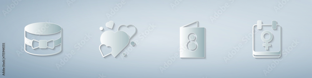Set Gift box and heart, Heart, Greeting card with 8 March and Calendar. Paper art style. Vector Set Gift box and heart, Heart, Greeting card with 8 March and Calendar. Paper art style. Vector