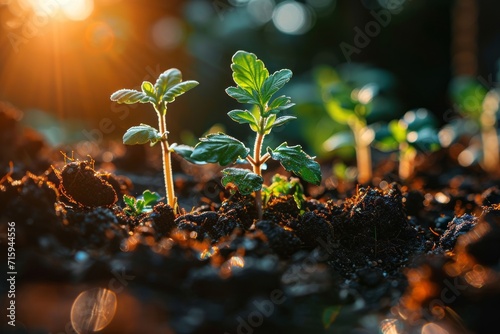 Tiny green sprouts reaching towards a light source. Hemp seedlings emerging from rich, dark soil. The beginning of life and growth in a controlled environment. Legalized hemp cultivation. photo