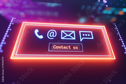 Contact us words on a digital display with reflection. Abstract illustration in blue and orange colors.