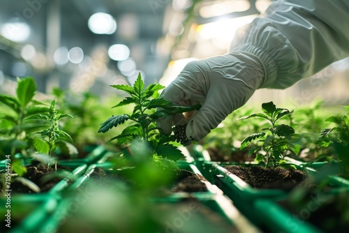 Close-up of farmer's hands in protective gloves planting hemp seeds and young sprouts in a greenhouse. High-tech facility with advanced hydroponic systems. Cannabis cultivation for medical purpose. photo