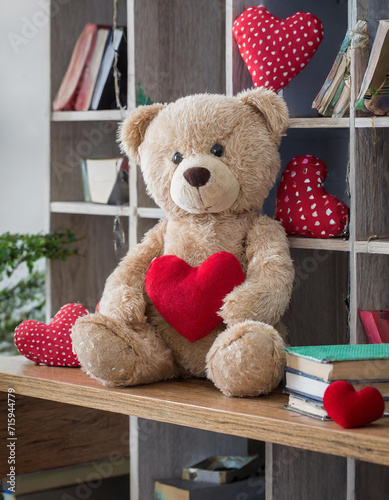 Cute Teddy bear on pastel pink background with copy space, soft focus, Valentine's day concept photo