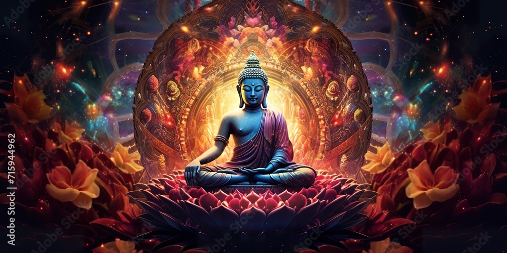 Meditating Buddha with tantric designs. - obrazy, fototapety, plakaty 
