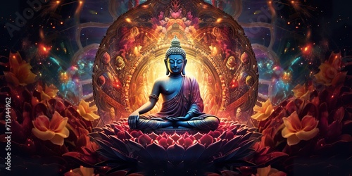 Meditating Buddha with tantric designs.