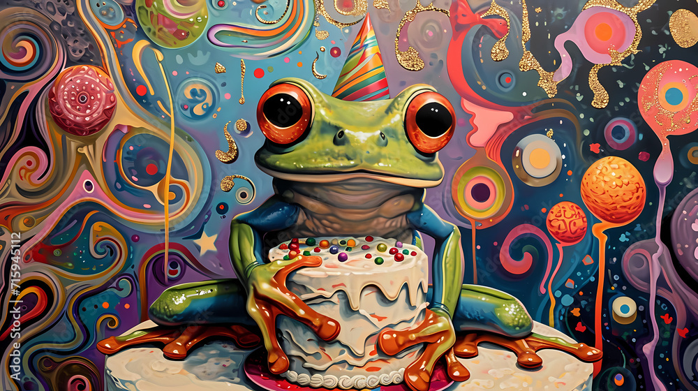 green frog with birthday hat