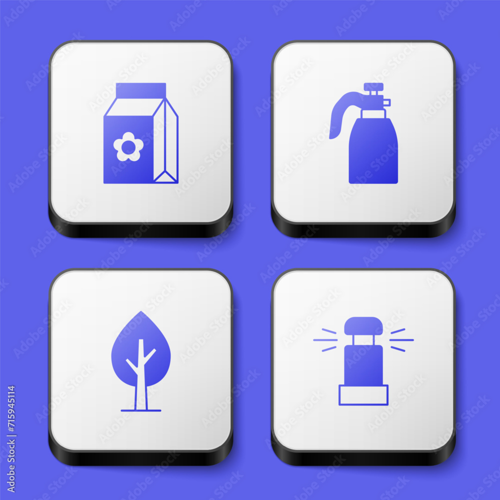 Set Pack full of seeds, Garden sprayer for water, Tree and Automatic irrigation sprinklers icon. White square button. Vector Set Pack full of seeds, Garden sprayer for water, Tree and Automatic irrigation sprinklers icon. White square button. Vector