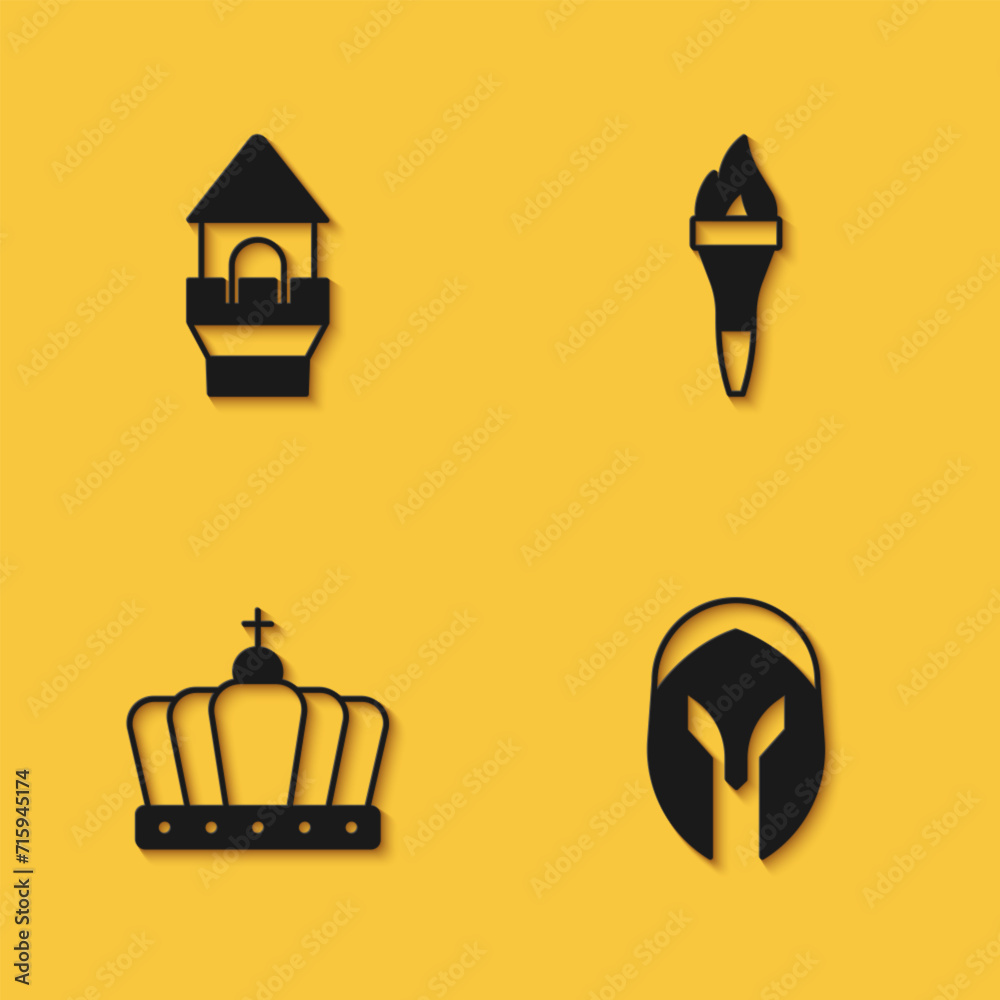 Set Castle tower, Medieval helmet, King crown and Torch flame icon with long shadow. Vector
