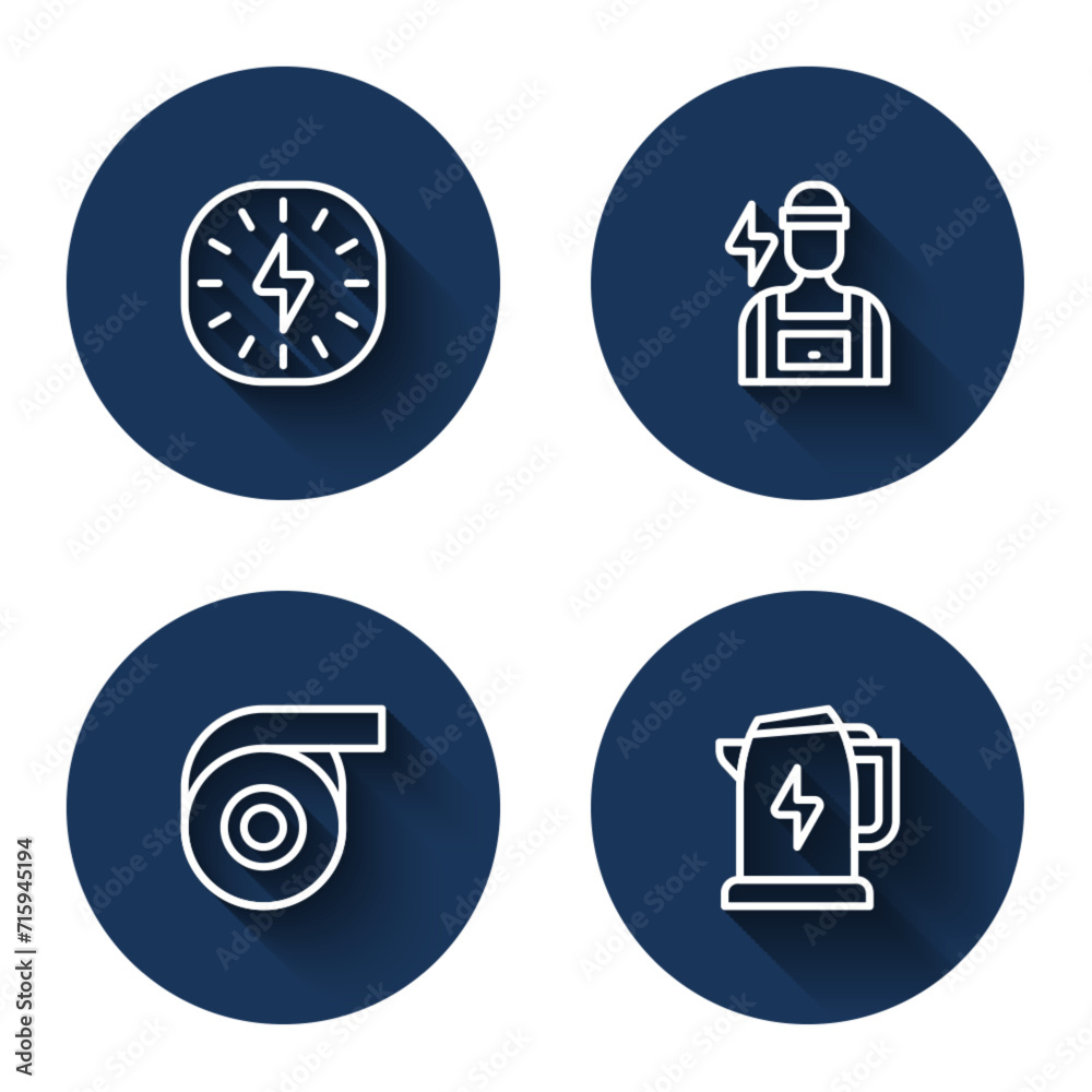 Set line Lightning bolt, Electrician, Roll adhesive tape and kettle with long shadow. Blue circle button. Vector