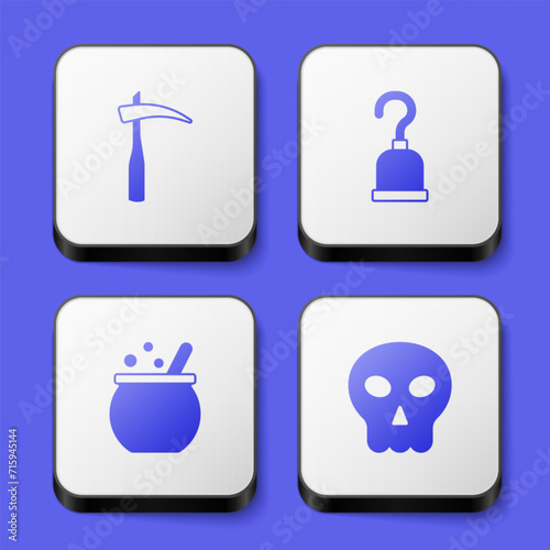 Set Scythe, Pirate hook, Halloween witch cauldron and Skull icon. White square button. Vector